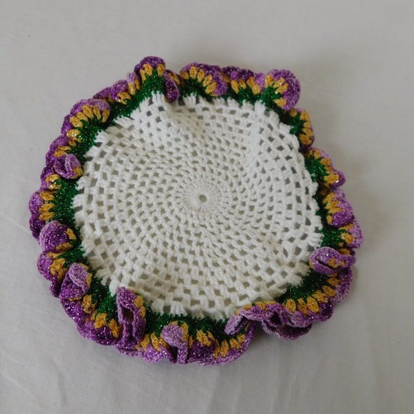 Crocheted Doily Round Purple Gold Green White Ruffled Edges Set of 2 Handmade - Picture 6 of 6
